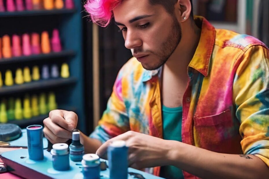 young gay man doing a hobby of painting tie-dye