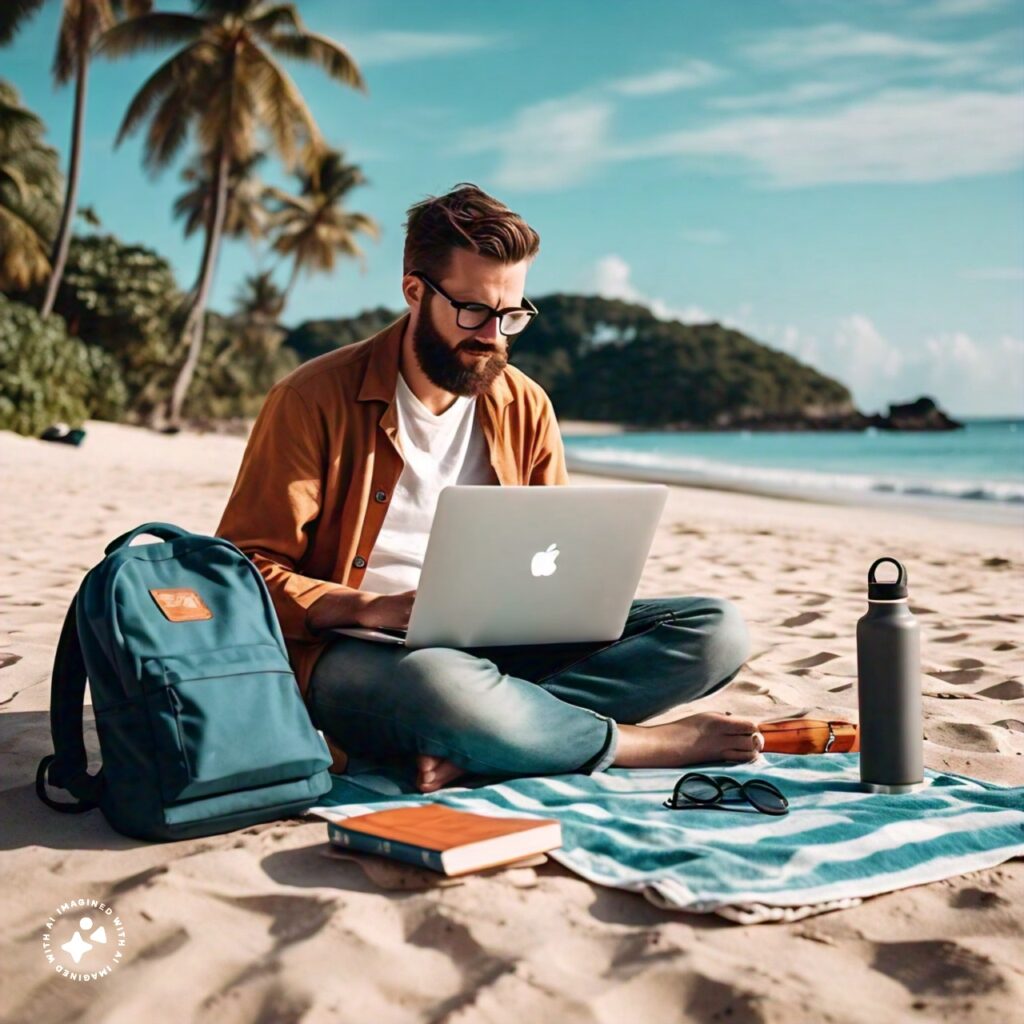 a man with a beard and glasses sitting on a beach with a striped beach towel in front, a teal backpack and a water bottle
