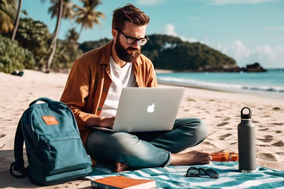 a man with a beard and glasses sitting on a beach with a striped beach towel in front, a teal backpack and a water bottle - image created with Meta AI
